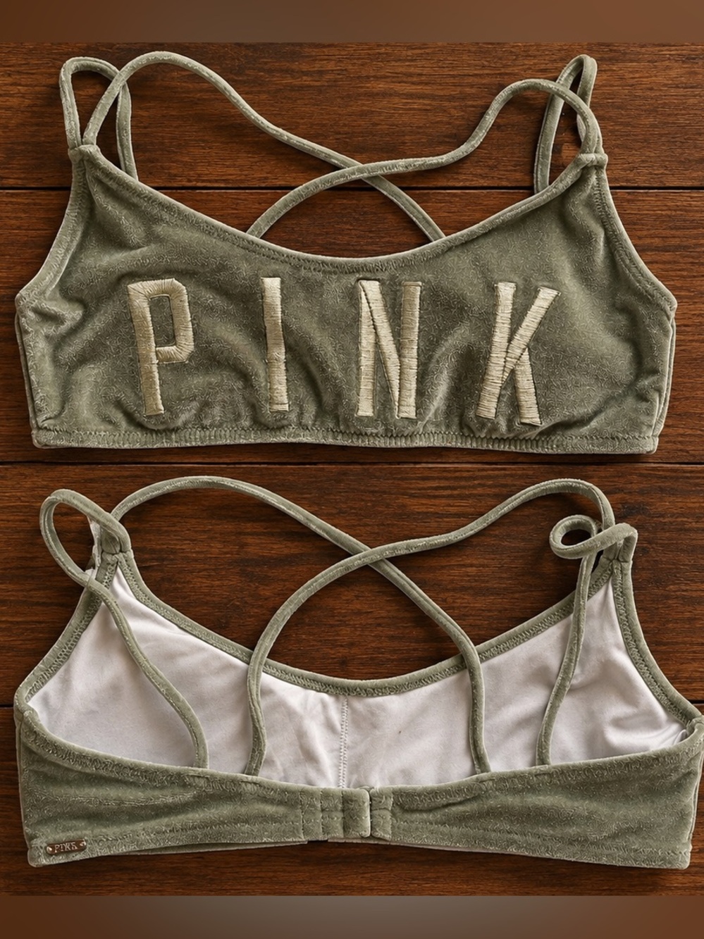 PINK Victoria's Secret Velvet Crisscross Bralette in Olive